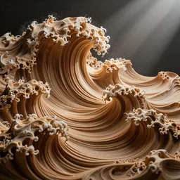 a very intricate wood sculpture in the shape and texture of waves, fractal patterns, deep and expressive grain patterns, volumetric lighting, light rays, photorealistic, ultrarealistic, coronarender, 8k