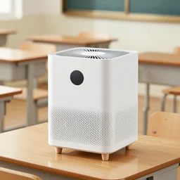 small square white air purifier with four wooden legs, in a school classroom