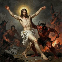 jesus christ battles the devil in hell, fenghua zhong art, epic