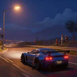 a car in forza horizon with street lights at night. art by ismail inceoglu, filip hodas, and pixar. clouds by rhads.
