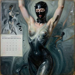beautiful female body carved sculpture melting, abstract oil painting, macro detail fluid particles, beautiful marbling acrylic fluid portrait, renaissance painting by michaelangelo, matte fresco, black latex female balaclava, female calendar, ballerina body covered with black latex, underwater, concept art, melting glass, close up portrait, cinematic still, film still, kandinski, fashion portrait, black colors, sketch