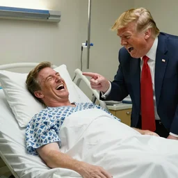 Donald trump pointing and laughing at hermain Cain who is laying in a hospital bed
