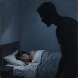 a painting of a tall black silhouette of a person menacingly staring at a person while they sleep in their bed at night