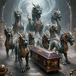 a beautiful octane render of nine huge ferocious kylin mythical animals pulling a coffin, in the divine world hall, surrealistic, epic, 8 k hd, detail structure, dragon form, fine texture, 3 d texture, circling storm, light effect, unreal engine, trending on cgsociety, 3 d model, cool mecha style, trending on artstation, ultra wide angle,, 3 d render, ray tracing, mechanics, hyper detailed, denoise, deblurring, realistic physical rendering, close shot