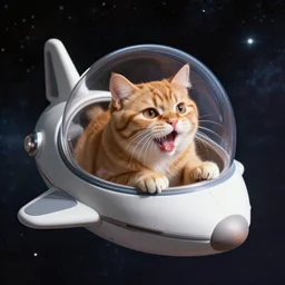 1 9 8 0's color photo of hissing cute ginger cat in spaceship, floating in deep space