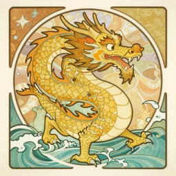 'a cartoon of a Chinese dragon in the sea by Alphonse Mucha, Greg Hildebrandt, and Mark Brooks'