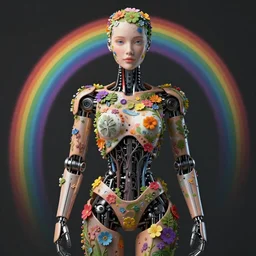 humanoid robot, flowers growing on skin, highly detailed, rainbow, trees, expressive eyes, beautiful symmetric body, perfect proportions, highly intricate, art by tom bagshaw and alex gray