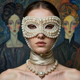 a beautiful futuristic portrait covered by mask made of wires and pearl, necklace made by silk and wires twisted around neck, design by leonardo davinci, inspired by egon schiele, modern art, baroque art jewelry, new classic, fashion design, photorealistic, hyper realistic, cinematic composition, cinematic lighting, fashion design, concept art, hdri, 4 k