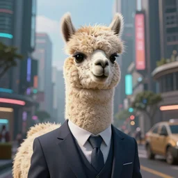 Alpaca wearing a suit in a cyberpunk city, highly detailed, 8k ultra HD, Unreal Engine render