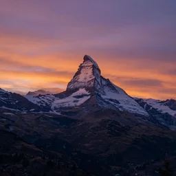 mt titlis, at sunset, dramatic, orange and purple colours, ethereal, wide shot, bohemian, matte painting, 8 k