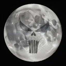 wide angle view of the moon with punisher symbol embossed in the lunar surface