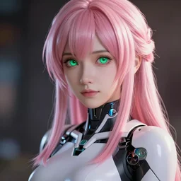 detailed portrait of beautiful pink haired girl, android, tight clothing, pretty face, green cyborg eyes, innocent, realism, 4 k, ultra realistic, aura of light, cinematic lighting, highly detailed, sharp focus, artstation, masterpiece, art by steve hanks