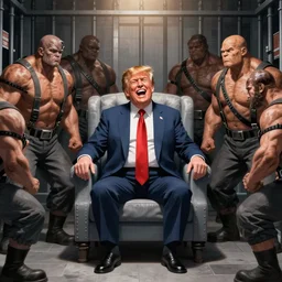 anime donald trump sitting in prison and laughing with a gang of muscular prisoners