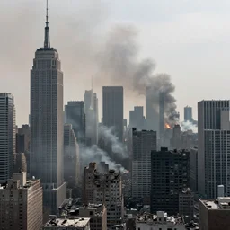 large city with skyscrapers after being bombed heavily, smoke, bleak, fire in far distance, realistic photograph
