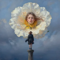 portrait, giant flower the head, a girl standing on pillar, surreal photography, wind and cold, dramatic sky, impressionist painting, digital painting, artstation, simon stalenhag