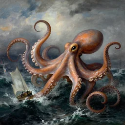 giant octopus with giant tentacles fighting with a frigate on a stormy sea, in the style of jmw turner