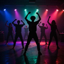 dark dancing silhuettes in a dance club, colorful lights, dramatic lighting, a lot of energy, photograph 8 5 mm f 1. 4