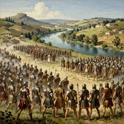 Wide shot of the battle of Cannae 216 BCE, with Roman soldiers in formation, phalanxes in formation, overlooking river Aufidius Italy, intricate, elegant, highly detailed, donato giancola, Joseph Christian Leyendecker, WLOP, Boris Vallejo, Artgerm