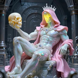 photo of fullbody rococo and cyberpunk delicate neon crystalline sculpture of handsome muscular onyx albino marble prince of brazil as an mint iridescent humanoid deity wearing pink plastic hooded cloak holding an onyx skull in a onyx space dungeon, reclining, glowing yellow face, crown of white diamonds, cinematic lighting, photorealistic, octane render 8 k depth of field 3 d