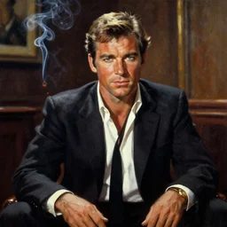 young roger moore as james bond, 1 9 7 3, smoke filled room, film noir lighting, painting by ross tran