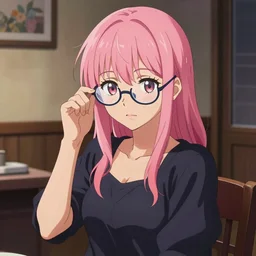 beautiful girl with pink hair and glasses, sitting in her room, sharp focus, intricate, digital painting, artstation, official media, anime key visual, highly detailed, rich vivid colors ambient lighting, illustration, art by Artgerm, Makoto Shinkai, Ilya Kuvshinov, Lois Van Baarle and Rossdraws