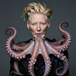 closeup studio photograph of tilda swinton as an octopus, dramatic lighting, edited in photoshop