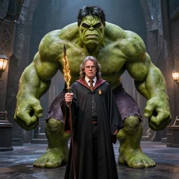 photorealistic hulk as apprentice wizard at hogwarts school