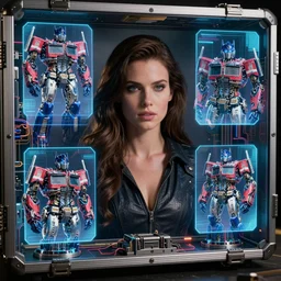 beauty woman, Megatron decepticon artifacts, in holograms,  electrical case display, Transformers Movie style tech, ultrarealistic, dramatic lighting, electrical details, high details, 4k, 8k, best, accurate, trending on artstation, artstation, photorealism, ultrarealistic, digital painting, style of Peter Mohrbacher, Caravaggio, Hajime Sorayama, Caravaggio, Boris Vallejo