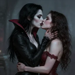 a female vampire kisses another female vampire, dark fantasy art, photorealism, high detailed