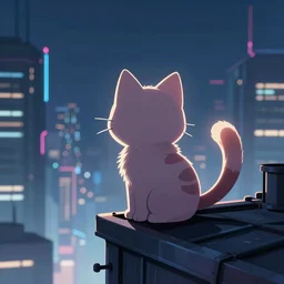 a cyberpunk anthropomorphic cat with a fluffy tail staring over a futuristic city from the top of a roof, comic art, trending on furaffinity, cyberpunk, backlighting, cartoon, by kawacy