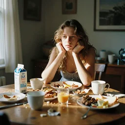 home photography portrait, A dining table in dining room, cups, a milk package, meals, breakfast ; mess, dirty, summer, Color VHS picture quality with mixed noise