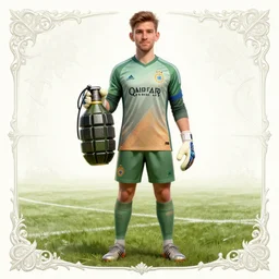 Ter Stegen holding an explosive, goalkeeper, football pitch, D&D, fantasy, intricate, elegant, highly detailed, digital painting, artstation, concept art, matte, sharp focus, illustration, art by Artgerm and Greg Rutkowski and Alphonse Mucha