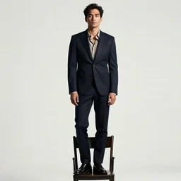 A man standing on a chair, white background