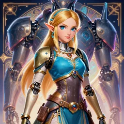 portrait of zelda, robot steampunk, neon! horizon zero dawn machine, intricate, elegant, highly detailed, ray tracing, digital painting, artstation, concept art, smooth, sharp focus, illustration, art by artgerm and greg rutkowski and alphonse mucha, 8 k