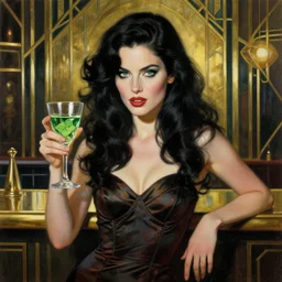 a crafty seductive woman in a cocktail dress holding a glass of absinthe. she has long wavy black hair and green eyes and a direct gaze. she is in a brass retro futuristic art deco bar. beautiful painting by artgerm and greg rutkowski and magali villanueve