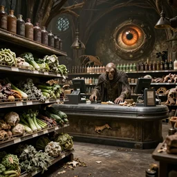 Orc supermarket in Mordor, shelves of mouldy vegetables, dark coloured toiletries and animal body parts, eye of Sauron working on each checkout, 8k render, from the film Lord of The Rings