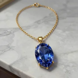A very highly detailed single large pointed faceted sapphire necklace with a thin gold chain and gold setting, resting on a polished marble countertop, digital rational painting art by Greg Rutkowski, sci-fi highly detailed, digital concept art, sharp focus, realistic concept art by Stephen Hickman and James Gurney and Hiromasa Ogura Ghost in the Shell rendered in Octane Render, From the distance