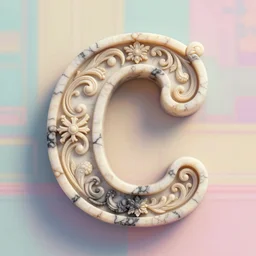 a 3 d render of letter c made from marble, the style of rococo, c letter : 9, calligraphy, wes anderson background, intricate details, ancient swirls, pastel colors, colorful, octane render, digital painting, hyperdetails, unreal engine, letter design, type design, featured behance type design, ivory and black marble, museum piece, dynamic light,