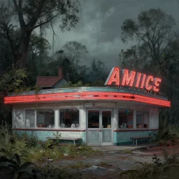 exterior of an abandoned american diner, taken over by nature, gothic style, hyperrealistic and beautiful painting, 8 k resolution, by hugh ferris and john smith, polished, fine detail, intricate, smooth, octane, concept art, trending on artstation