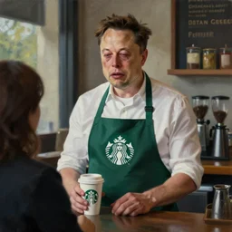 realistic oil painting of sad crying weeping elon musk in Starbucks barista uniform apron serving coffee to customers