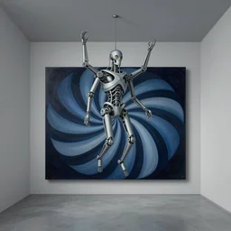 a mechanical god hangs from the ceiling in a cold and empty room, a highly detailed moebius painting, by adrian ghenie and gerhard richter. art by james gurney. masterpiece, flat surreal design with deep colours.