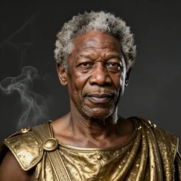 a photo realistic portrait of morgan freeman as a greek god hades, gold and smoke, underworld hades, portrait, rembrandt lighting, octane render, hyperrealistic