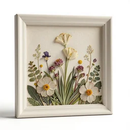 engraved pressed flowers in frame, clean 3d render, octane render, isolated on a pure white background, centered, entire object in frame, sharp focus, soft studio lighting