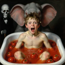 a boy like eraserhead and elephant man sitting in a tub full of tomato sauce, looking straight into camera, screaming in desperation, composition full of golden ratios, by giuseppe arcimboldo and ambrosius benson, renaissance, fruit, intricate and intense oil paint, a touch of beksinski and hr giger and edward munch, realistic