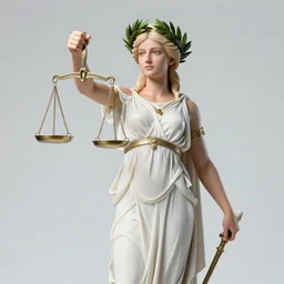 a full body portrait of themis the greek goddess, presenting the scale of justice!! wearing a laurel wreath, extremely beautiful, precise anatomy, by artgerm and by greg rutkowski and by alphonse mucha and by simon bisley, radiant light, detailed and intricate environment,