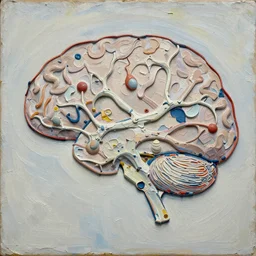 texture of 3d high relief abstract data art of neurons firing in the shape of a brain, painted in the style of the old masters, painterly, thick heavy impasto, expressive impressionist style, painted with a palette knife, texture of rubber bands