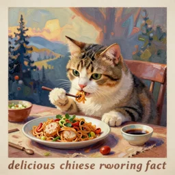 “delicious chinese food being eaten by a cute cat, William Godward Painting Vintage Poster, colorful impasto”