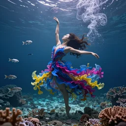 woman dancing underwater wearing a flowing dress made of blue, magenta, and yellow seaweed, delicate coral sea bottom, swirling silver fish, swirling smoke shapes, octane render, caustics lighting from above, cinematic, hyperdetailed