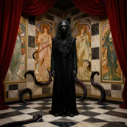 extremely detailed checkerboard movie shot closeup portrait of a dark bizarre figure standing in the corner of a checkerboard checkerboard room by denis villenueve, arnold bocklin, lovecraft, amano, alphonse mucha, franz von stuck, david lynch, tentacles, dynamic composition, crimson drapes, 4 k details octane render