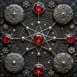 a intricate background design rune stones and rubies, flowers by dan mumford, atomic stars, highly detailed, intricate